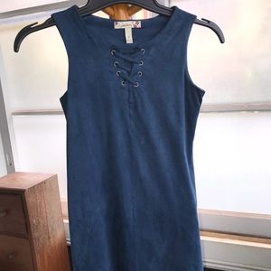 Blue lace-up dress, soft suede-like material.